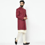 Men Maroon & Beige Solid Sherwani Set